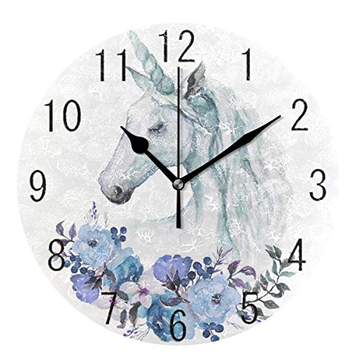 Unicorn Silent Round Wall Clock,Flowers Non-Ticking Decorative Battery Operated Quiet Clock for Living Room Home Office School Kitchen,Small, 9 Incl Desk Clock