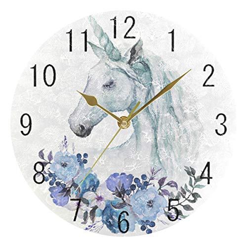 Unicorn Silent Round Wall Clock,Flowers Non-Ticking Decorative Battery Operated Quiet Clock for Living Room Home Office School Kitchen,Small, 9 Incl Desk Clock