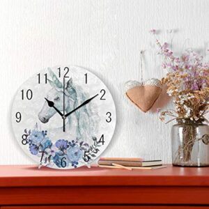 Unicorn Silent Round Wall Clock,Flowers Non-Ticking Decorative Battery Operated Quiet Clock for Living Room Home Office School Kitchen,Small, 9 Incl Desk Clock