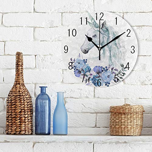 Unicorn Silent Round Wall Clock,Flowers Non-Ticking Decorative Battery Operated Quiet Clock for Living Room Home Office School Kitchen,Small, 9 Incl Desk Clock