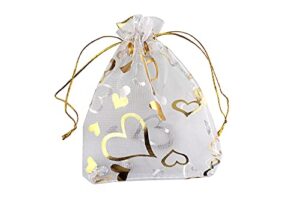 qianhailizz 100 pcs 3.5 x 4.7 inch flower heart organza jewelry gift pouch candy pouch drawstring wedding favor bags (a white with gold heart)