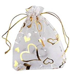 QIANHAILIZZ 100 pcs 3.5 x 4.7 Inch Flower Heart Organza Jewelry Gift Pouch Candy Pouch Drawstring Wedding Favor Bags (A white with gold heart)