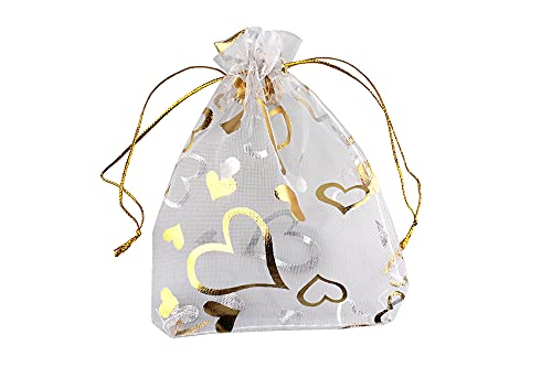 QIANHAILIZZ 100 pcs 3.5 x 4.7 Inch Flower Heart Organza Jewelry Gift Pouch Candy Pouch Drawstring Wedding Favor Bags (A white with gold heart)