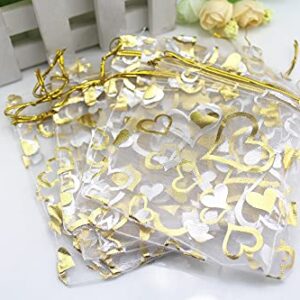 QIANHAILIZZ 100 pcs 3.5 x 4.7 Inch Flower Heart Organza Jewelry Gift Pouch Candy Pouch Drawstring Wedding Favor Bags (A white with gold heart)