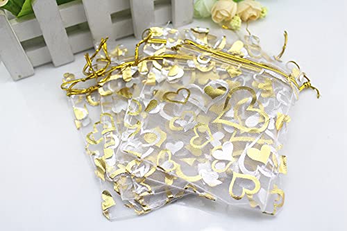 QIANHAILIZZ 100 pcs 3.5 x 4.7 Inch Flower Heart Organza Jewelry Gift Pouch Candy Pouch Drawstring Wedding Favor Bags (A white with gold heart)