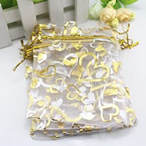 QIANHAILIZZ 100 pcs 3.5 x 4.7 Inch Flower Heart Organza Jewelry Gift Pouch Candy Pouch Drawstring Wedding Favor Bags (A white with gold heart)