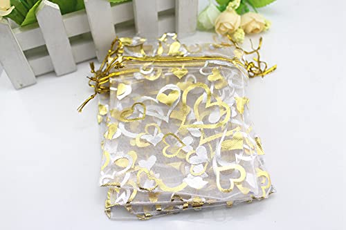 QIANHAILIZZ 100 pcs 3.5 x 4.7 Inch Flower Heart Organza Jewelry Gift Pouch Candy Pouch Drawstring Wedding Favor Bags (A white with gold heart)