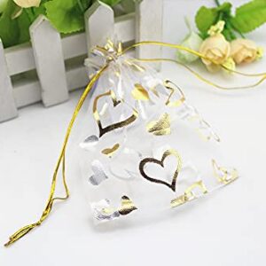 QIANHAILIZZ 100 pcs 3.5 x 4.7 Inch Flower Heart Organza Jewelry Gift Pouch Candy Pouch Drawstring Wedding Favor Bags (A white with gold heart)