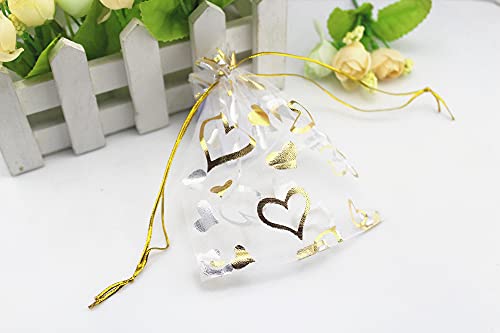 QIANHAILIZZ 100 pcs 3.5 x 4.7 Inch Flower Heart Organza Jewelry Gift Pouch Candy Pouch Drawstring Wedding Favor Bags (A white with gold heart)