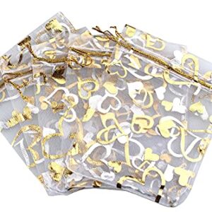 QIANHAILIZZ 100 pcs 3.5 x 4.7 Inch Flower Heart Organza Jewelry Gift Pouch Candy Pouch Drawstring Wedding Favor Bags (A white with gold heart)