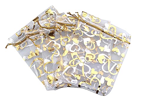 QIANHAILIZZ 100 pcs 3.5 x 4.7 Inch Flower Heart Organza Jewelry Gift Pouch Candy Pouch Drawstring Wedding Favor Bags (A white with gold heart)