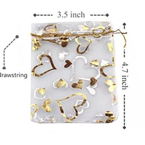 QIANHAILIZZ 100 pcs 3.5 x 4.7 Inch Flower Heart Organza Jewelry Gift Pouch Candy Pouch Drawstring Wedding Favor Bags (A white with gold heart)