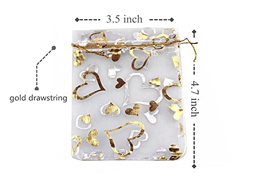 QIANHAILIZZ 100 pcs 3.5 x 4.7 Inch Flower Heart Organza Jewelry Gift Pouch Candy Pouch Drawstring Wedding Favor Bags (A white with gold heart)