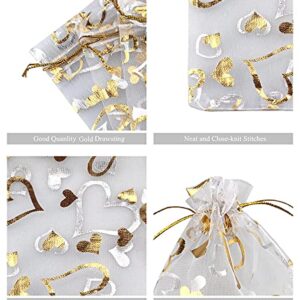 QIANHAILIZZ 100 pcs 3.5 x 4.7 Inch Flower Heart Organza Jewelry Gift Pouch Candy Pouch Drawstring Wedding Favor Bags (A white with gold heart)