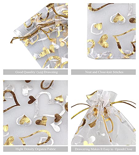 QIANHAILIZZ 100 pcs 3.5 x 4.7 Inch Flower Heart Organza Jewelry Gift Pouch Candy Pouch Drawstring Wedding Favor Bags (A white with gold heart)