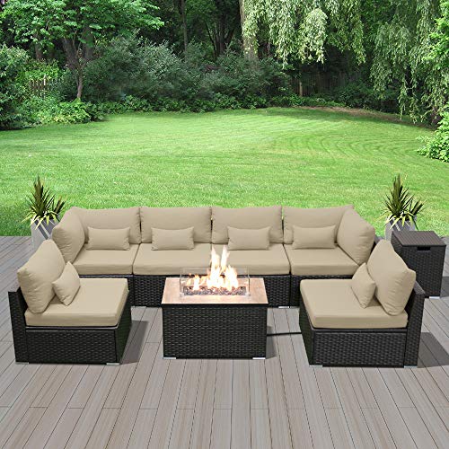 Dineli Patio Furniture Sectional Sofa with Gas Fire Pit Table Outdoor Patio Furniture Sets Propane Fire Pit (Light Beige-Rectangular Table)