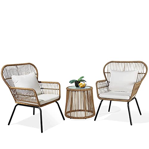 Ulax Furniture 3 Piece Outdoor Wicker Set Patio Furniture Conversation Bistro Set with Bistro Club Chairs and Side Table