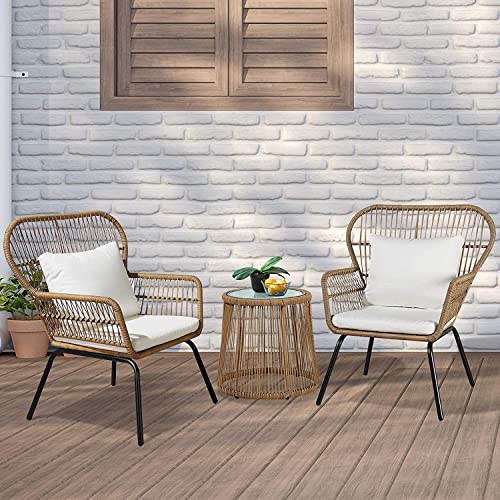 Ulax Furniture 3 Piece Outdoor Wicker Set Patio Furniture Conversation Bistro Set with Bistro Club Chairs and Side Table