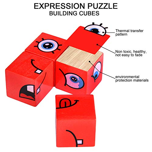 ERUGI Wooden Expressions Matching Block Puzzle Educational Games Montessori STEM Toy for Kids Preschool Ages 3 Years and Up,Face-Changing Cube Building Blocks (16 Blocks, 64 Cards)