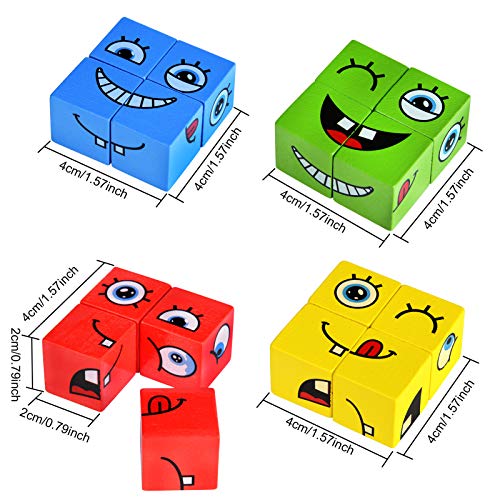 ERUGI Wooden Expressions Matching Block Puzzle Educational Games Montessori STEM Toy for Kids Preschool Ages 3 Years and Up,Face-Changing Cube Building Blocks (16 Blocks, 64 Cards)