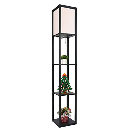 ELECWISH Shelf Floor Lamp Black Standing Lamps with White Shade and Solid Wood Frame, Without Led Bulbs