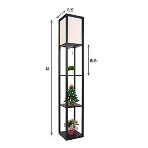 ELECWISH Shelf Floor Lamp Black Standing Lamps with White Shade and Solid Wood Frame, Without Led Bulbs