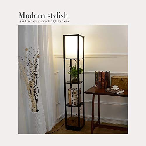 ELECWISH Shelf Floor Lamp Black Standing Lamps with White Shade and Solid Wood Frame, Without Led Bulbs