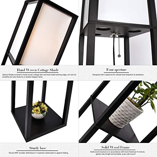 ELECWISH Shelf Floor Lamp Black Standing Lamps with White Shade and Solid Wood Frame, Without Led Bulbs
