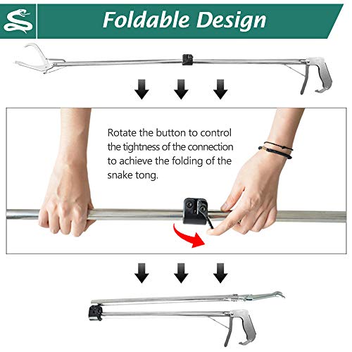 IC ICLOVER Snake Tong 52’’ Heavy Duty Professional Foldable Stainless Steel Snake Catcher Tools Reptile Grabber with Spring, Serrated Jaw, Self Lock Design-Perfect for Moving Rattle Snakes Reptiles