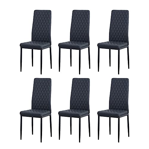 IANIYA Set of 6 Leather Dining Chairs Set, with Upholstered Cushion & High Back, Powder Coated Metal Legs, Rhombus Pattern Seats, Household Home Kitchen Living Room Bedroom