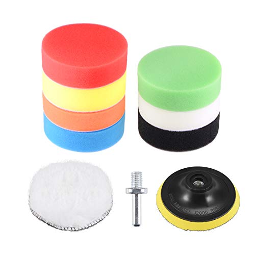 uxcell 4" Foam Drill Polishing Pad Kit, 7pcs Flat Sponge Pads 1pcs Wool Pad 1pcs Hook and Loop Backing Pad with M10 Drill Adapter for Boat