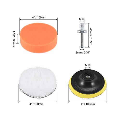 uxcell 4" Foam Drill Polishing Pad Kit, 7pcs Flat Sponge Pads 1pcs Wool Pad 1pcs Hook and Loop Backing Pad with M10 Drill Adapter for Boat