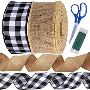 winlyn 24 yards 2 rolls wired ribbons for crafts wreaths black and white buffalo plaid ribbon wired buffalo check ribbon wired burlap ribbons 2.5" w