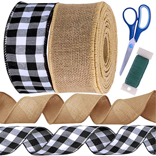 Winlyn 24 Yards 2 Rolls Wired Ribbons for Crafts Wreaths Black and White Buffalo Plaid Ribbon Wired Buffalo Check Ribbon Wired Burlap Ribbons 2.5" W