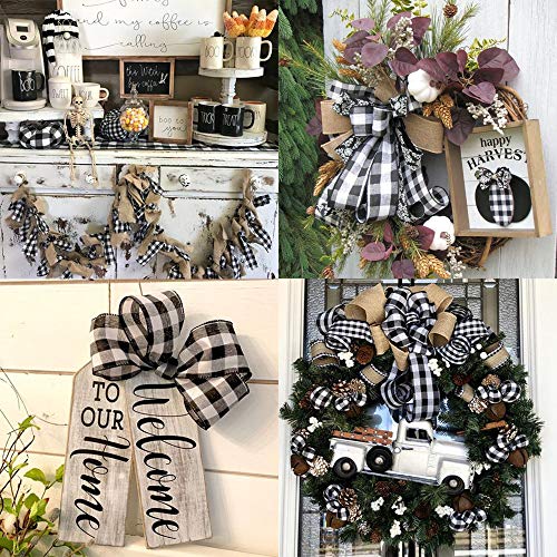 Winlyn 24 Yards 2 Rolls Wired Ribbons for Crafts Wreaths Black and White Buffalo Plaid Ribbon Wired Buffalo Check Ribbon Wired Burlap Ribbons 2.5" W