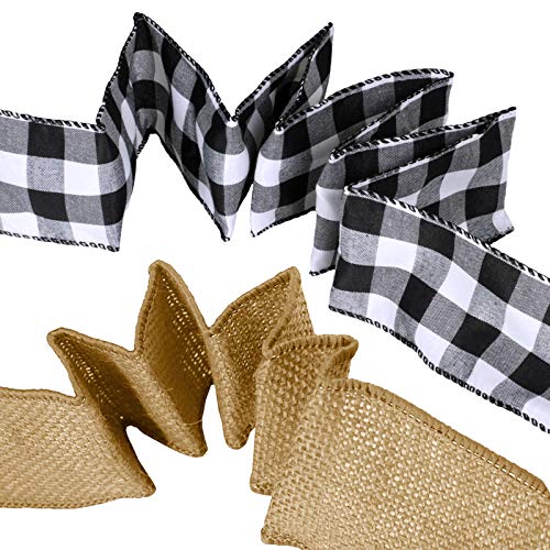 Winlyn 24 Yards 2 Rolls Wired Ribbons for Crafts Wreaths Black and White Buffalo Plaid Ribbon Wired Buffalo Check Ribbon Wired Burlap Ribbons 2.5" W