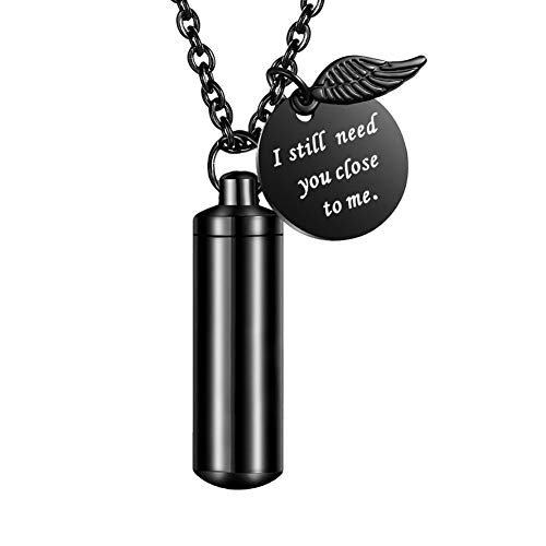 Dletay Cylinder Cremation Jewelry Urn Necklace for Ashes Memorial Ashes Necklace with Angel Wing Charm Memorial Keepsake for Pet Human-I Still Need You Close to Me