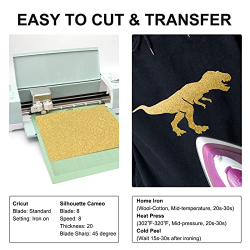 Gold Glitter HTV Heat Transfer Vinyl Roll - 12in x 10ft Iron on Vinyl for Cricut & Silhouette Easy to Cut & Weed for Shirts Gifts