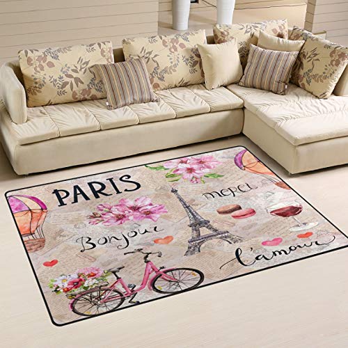 ALAZA Eiffel Tower Pink Flowers Bicycl French Paris Non Slip Door Mat 2' x 3', Modern Floor Mats for Living Room Bedroom Dinning Room Home Decor