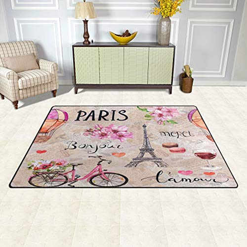 ALAZA Eiffel Tower Pink Flowers Bicycl French Paris Non Slip Door Mat 2' x 3', Modern Floor Mats for Living Room Bedroom Dinning Room Home Decor