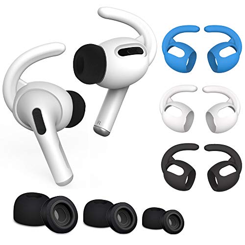 CANOPUS Replacement Earbud Tips and Ear Hooks, 3 Pairs of Black Anti-Slip Memory Foam Tips (S, M, L) + 3 Pairs (White, Black & Blue) of Ear Hooks, Compatible with Apple AirPods Pro