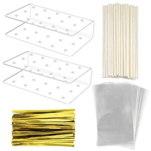 Yookat 2 Pack Acrylic Lollipop Holder Acrylic Cake Pop Stand 50PCS Clear Treats Bags 50PCS Lollipop Sticks and 50PCS Gold Metallic Twist Ties for Candy Cake Pop Sticks Making Tools