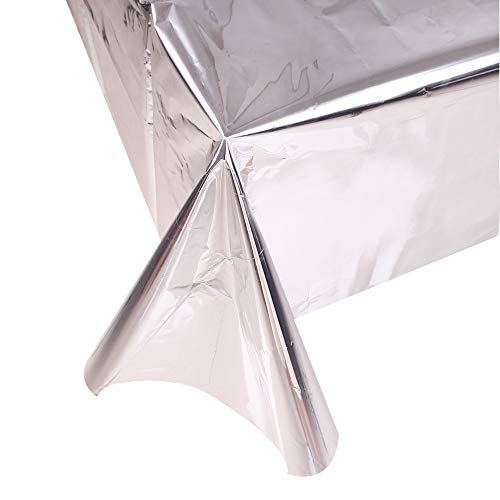 NIWWIN 2Pack Silver Foil Metallic Tinsel Tablecloth Table Cover Shiny Plastic Tablecloth Table Cloth Party Tablecovers for Rose Gold Party Table Decoration (Silver)