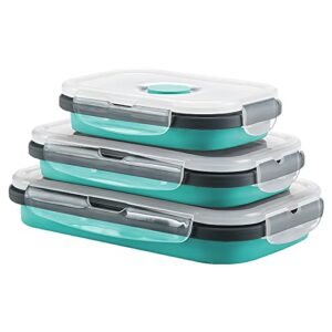 MAXCOOK Collapsible Stacking Silicone Lunch Boxes with Airtight Lid, Portable Bento Storage Containers for Food, Microwave, Freezer, Dishwasher Safe, BPA Free, Set of 3 (Green, Set of 3)