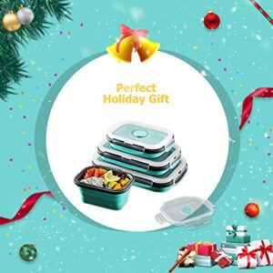 MAXCOOK Collapsible Stacking Silicone Lunch Boxes with Airtight Lid, Portable Bento Storage Containers for Food, Microwave, Freezer, Dishwasher Safe, BPA Free, Set of 3 (Green, Set of 3)