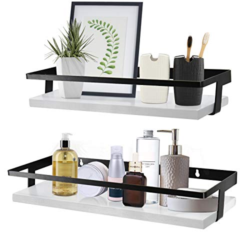 Y&ME YM Floating Shelf Set of 2, Decorative Wood Wall Storage Shelves, White Wall Mounted Shelves with Black Metal Frame Perfect for Kitchen, Bathroom Shelves, Wall Decor