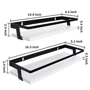 Y&ME YM Floating Shelf Set of 2, Decorative Wood Wall Storage Shelves, White Wall Mounted Shelves with Black Metal Frame Perfect for Kitchen, Bathroom Shelves, Wall Decor