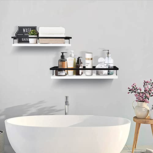 Y&ME YM Floating Shelf Set of 2, Decorative Wood Wall Storage Shelves, White Wall Mounted Shelves with Black Metal Frame Perfect for Kitchen, Bathroom Shelves, Wall Decor