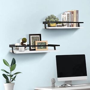 Y&ME YM Floating Shelf Set of 2, Decorative Wood Wall Storage Shelves, White Wall Mounted Shelves with Black Metal Frame Perfect for Kitchen, Bathroom Shelves, Wall Decor