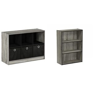 furinno pasir 3-tier open shelf bookcase, french oak grey & basic 3x2 bookcase storage, 3 x 2, french oak grey/black